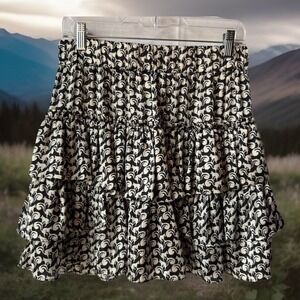 Dolls Point Squirrel Print Tiered Ruffle Mini Skirt Black Cream Elastic Waist M